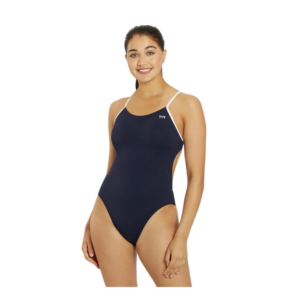 TYR Womens Navy Blue Honeycomb Performance One Piece Swimsuit Size 40 Training